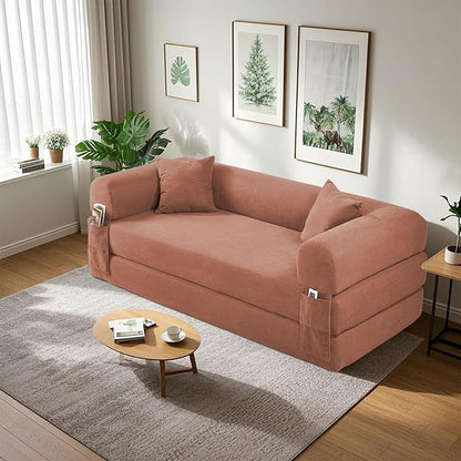 80" Convertible Sofa Bed, Corduroy Deep Seat Folding Pull Out Couch with Pillows, No Assembly Modern Boneless Couch Compression Sofa in Box, Floor Sofa with Storage Pocket for Living Room,Pink