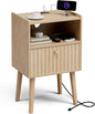 Side Table with Charging Station, Modern End Table with Fluted Drawer, Bedside Table, Night Stand with 2 Tiers Storage Space, for Bedroom, Living Room, Oak