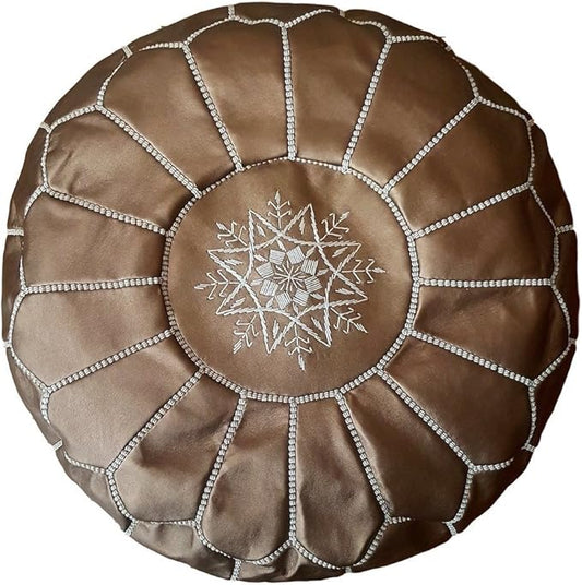 Stuffed Round Design Moroccan Faux Leather Pouf Ottoman, Handmade, Pre-Filled, 100% Genuine Leather, 13” Height x 20” Diameter, Footstool & Living Room Décor (Matte Bronze)