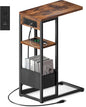 C Shaped End Table with Charging Station, Small Side Table for Couch Recliner, Slide Under Sofa Desk Snack Tables with Storage Bag & AC / USB Outlet, Small Spaces Drink Tables for Living Room, Bedroom