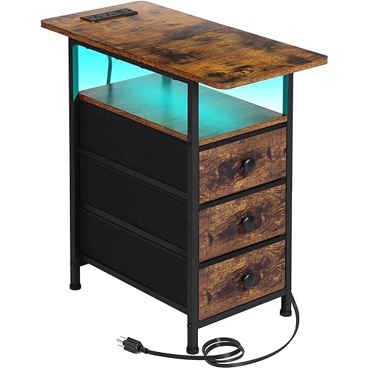 AMHANCIBLE Narrow End Table Living Room with Charging Station, Slim LED Nightstand with Fabric Drawers, Skinny Side Table for Bedroom, Small Spaces, Couch, Rustic Brown, HETN013LBR-1