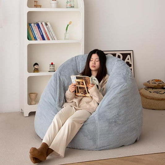 N&V Large Shell Bean Bag Chair, Adult Size Bean Bag Sack, Foam Filling, Includes Removable and Machine Washable Cover, 40in, Soft Faux Fur, Grey