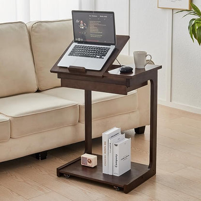CozyDH Rolling Side Table with Wheels, Adjustable C Shaped End Table for Couch, Solid Wood TV Tray Sofa Arm Table for Eating Multi-Purpose, Small Coffee Table Living Room Bedroom, Walnut