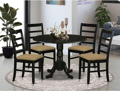 East West Furniture DLPF5-BLK-C 5 Piece Dining Table Set for 4 Includes a Round Kitchen Table with Dropleaf and 4 Linen Fabric Dining Room Chairs, 42x42 Inch, Black