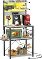 Aheaplus Bakers Rack with Power Outlet, Microwave Stand, 5 Tiers Coffee Bar Station with Led Lights, Kitchen Storage Shelf with 6 S-Shaped Hooks, Kitchen Rack for Spices, Pots and Pans, White Oak