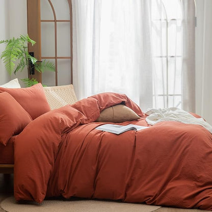 BESTOUCH Duvet Cover Set 100% Washed Cotton Linen Feel Super Soft Comfortable Chic Lightweight 3 PCs Home Bedding Set Solid Burnt Brick Red Full/Double