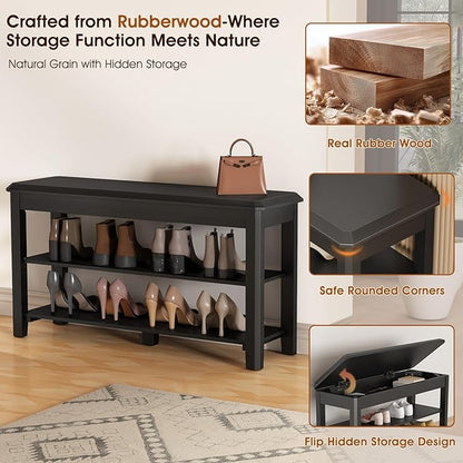 Shoe Rack Bench Seat Rubberwood 2-Tier Wooden Storage Bench 550lbs Compact Mid-Century Modern Design for Entryway, Hallway, Closet, Front Door Entrance, Foyer