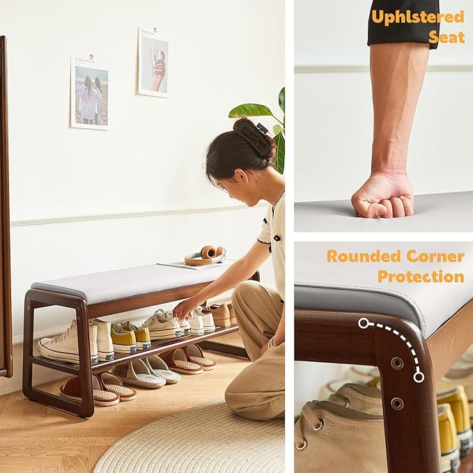 Solid Wood Shoe Bench, 2-Tier Wooden Storage Entryway Bench, Small Entryway Bench, Mid-Century Modern Bedside Bench with Faux Leather Cushion for Dining Room Living Room, Cream Grey 21.65''