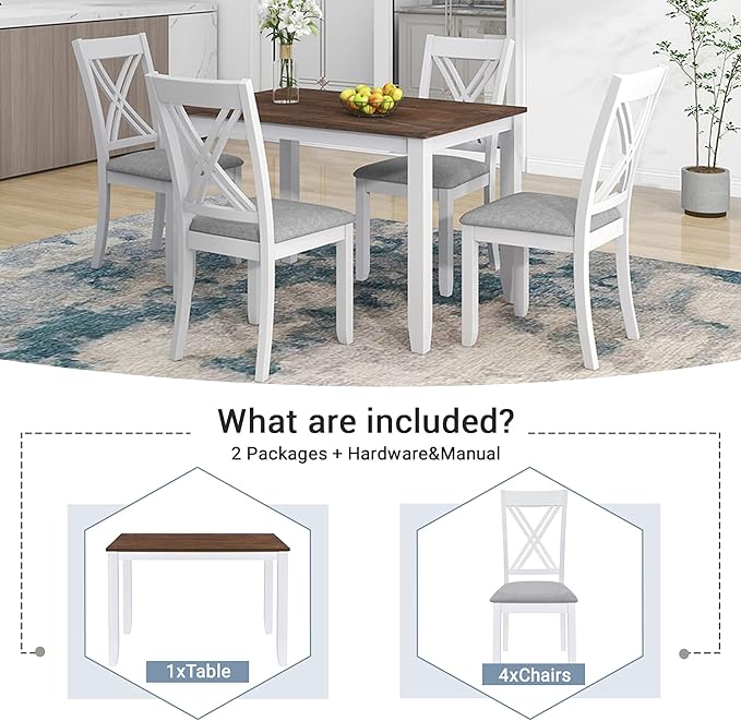 Ball & Cast 5-Piece Dining Table Set for 4,Kitchen Table Set W/ 44.5" Rectangle Table,Living Room Furniture W/ 4 X-Back Linen Upholstered Chairs,for Dining Room,Kitchen,Restaurant,Walnut+Light Beige