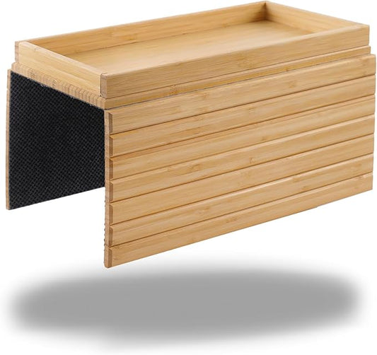 DETOR Couch Arm Tray, Foldable Sofa TV Tray with Capacious 12.4" x 5.4" Storage Box, Natural Bamboo Finish, Enhanced Nonslip Felt Bottom, Sturdy Bamboo Slats Material | for Armrests 6" and Wider
