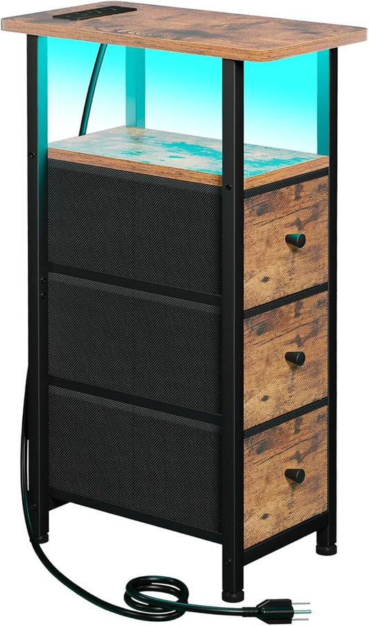 Narrow End Table Living Room with Charging Station, Skinny Side Table with Fabric Drawers, Slim LED Nightstand for Bedroom, Small Spaces, Couch, Brown, HETNDP03LBR-1