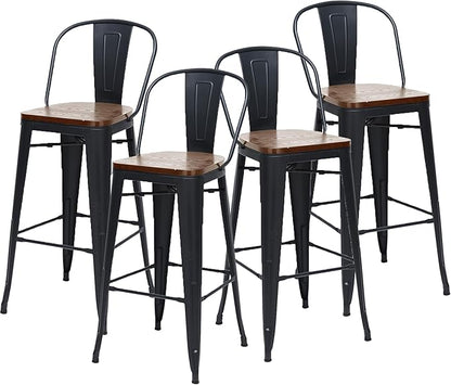Changjie Furniture 30 Inches Metal Barstools Set of 4 Counter Height Bar Stools Industrial Stools with Backs High Back Chairs for Kitchen Island (30 Inch, Black)