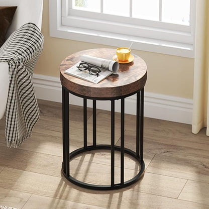 LITTLE TREE Round End Table, Industrial Side Table Small Accent Table, Metal Circle C Table Bed Side Table for Living Room Sofa Side Couch, Bedroom, Easy Assembly, Space Saving (Brown, 1PC)