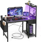 Gaming Desk 55 Inch with Power Outlet and LED Light, Computer Desk with Reversible Shelves and Storage Drawer, Pc Small Table for Home Office Table with Bag, Carbon Fiber Black