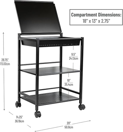 Mind Reader Cart with Covered Compartment, Office Organizer, Storage, 3-Tier, Office, Metal, 20" L x 14.25" W x 28.75" H, Black