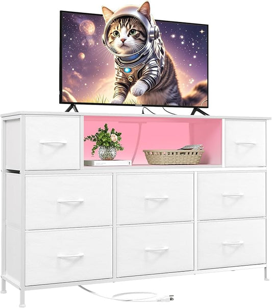 Somdot White TV Stand, Dresser for Bedroom for 55 inch TV with Charging Station and LED Lights, Media Console Table with 8 Drawers, Open Shelf, Adjustable Feet,Living Room Furniture