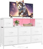Somdot White TV Stand, Dresser for Bedroom for 55 inch TV with Charging Station and LED Lights, Media Console Table with 8 Drawers, Open Shelf, Adjustable Feet,Living Room Furniture
