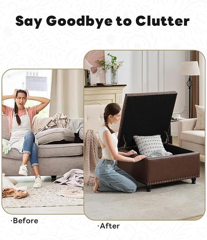 Tbfit Large Square Storage Ottoman Bench, Button Tufted Upholstered Coffee Table Ottoman with Wooden Legs, Oversized Storage Ottomans Toy Box Footrest for Living Room, Brown