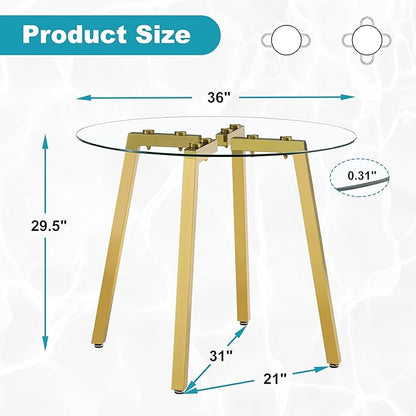 Round Dining Table for 4 Modern 36" Round Glass Dining Table Kitchen Table with Glass Tabletop and Metal Legs for Dining Room and Kitchen, Gold