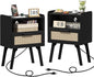 Lerliuo Rattan Nightstands Set of 2 with Charging Station, Black Bedside Table with Drawer Open Shelf, Cane Accent Side End Table with Solid Wood Legs, Night Stand for Bedroom, Dorm and Small Spaces