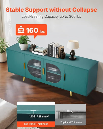 VEVOR TV Stand for TVs up to 75 inch, Modern Entertainment Center with Glass Doors and Gold Legs, TV Cabinet Storage with Adjustable Shelves, Media Console Table for Living Room and Bedroom, Green