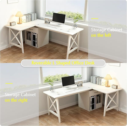 2-Person Desk with Storage Cabinet - 94" Wooden Extra Long L Shaped Table, Double Work Study Computer Workstation for Home Office, White, 94" W x 24" D