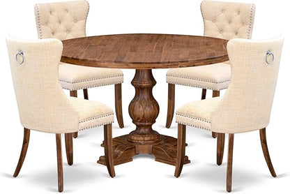 I5DA5-50N-32 5-Piece Modern Dining Table Set with Polyester Fabric 4 Light Beige kitchen chairs, Button-Tufted Backs, and a 54"Round Table in Antique Walnut Finish.