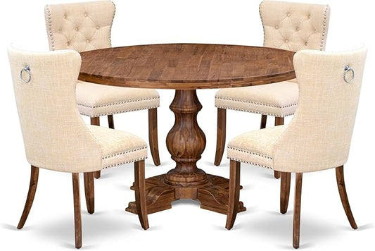 I5DA5-50N-32 5-Piece Modern Dining Table Set with Polyester Fabric 4 Light Beige kitchen chairs, Button-Tufted Backs, and a 54"Round Table in Antique Walnut Finish.