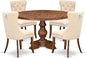I5DA5-50N-32 5-Piece Modern Dining Table Set with Polyester Fabric 4 Light Beige kitchen chairs, Button-Tufted Backs, and a 54"Round Table in Antique Walnut Finish.