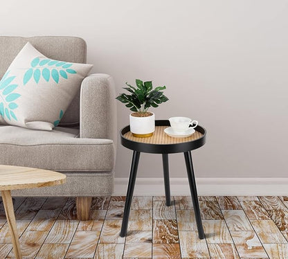 Rattan Round Side Table, Black Small Accent Table, Modern Boho Bedside Mid-Century Patio Side End Tables for Living Room Bedroom Office Balcony