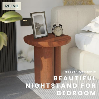 Relso Gaia Round End Table for Living Room and Farmhouse | Solid Mango Wood for Rustic Elegance | Ideal for Side Tables, Nightstands & More | Wood Side Table Round for Bedroom (Walnut)
