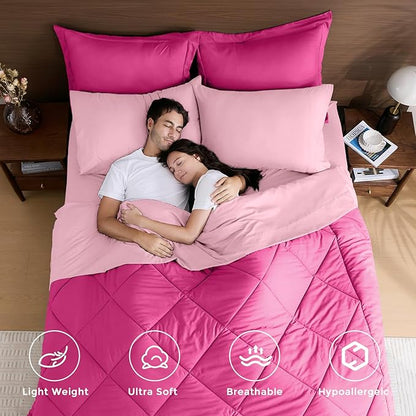 HEVUMYI Hot Pink & Baby Pink Cali-King Comforter Set - 7-Piece All Season Bed in a Bag Cali-King, Ultra Soft Bedding Set with Comforter, Flat Sheet, Fitted Sheet, Pillowcases, Pillow Shams