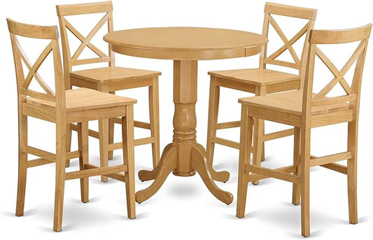 East West Furniture JAPB5-OAK-W 5 Piece Counter Height Dining Table Set Includes a Round Kitchen Table with Pedestal and 4 Dining Chairs, 36x36 Inch, Oak