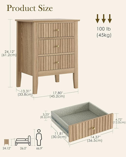 Fluted Nightstand, Farmhouse Night Stand with 3 Drawers, Mid Century Modern Side Accent Table,Bedside End Table for Bedroom, Living Room, Natural