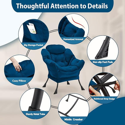 Lazy Chair Thick Padded, Comfy Velvet Accent Lounge Chair with Stable Frame, Leisure Sofa Armchair with Armrests and Side Pocket, Reading Chair for Bedroom, Living Room, Office, Blue