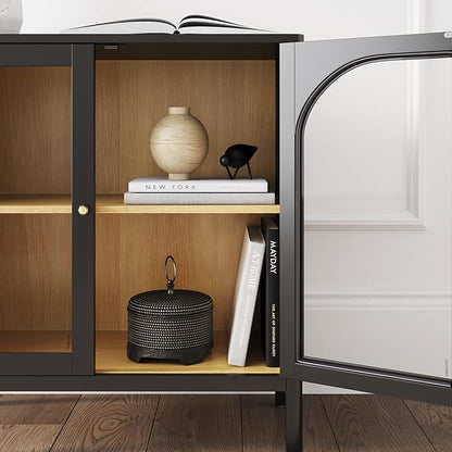 Nathan James Mason Storage Cabinet Accent Sideboard Buffet Credenza TV Stand with Glass Doors and Adjustable Shelf in Black Wood for Dining Room, Entryway and Living Room, Clear Glass/Black, Set of 2