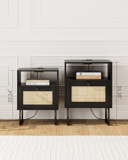 Rattan Nightstand with Charging Station, Mid Century Modern Night Stand,Boho Farmhouse Wood Bedside Table with Storage and Open Shelf, End Side Accent Table for Bedroom,Living Room,Black