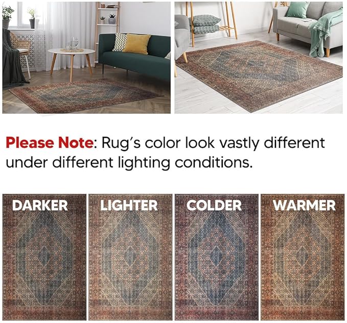Keen Home Design 6x9 Rug - Machine Washable Area Rug with Non-Slip Backing, Ideal for Living Room, Dining Room, Bedroom - Vintage, Easy Clean, Durable, Low Pile Rug - (6' x 9')