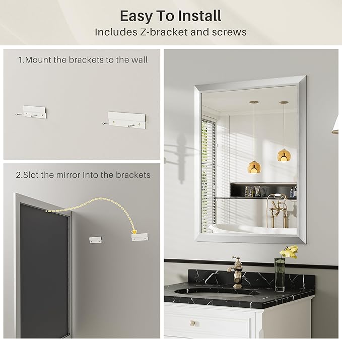 22x30 Inch Silver Bathroom Mirror for Wall, Thick Metal Framed Rectangle Mirrors for Over Sink, Bedroom, Living Room, Entryway, Anti-Rust, HD Tempered Glass