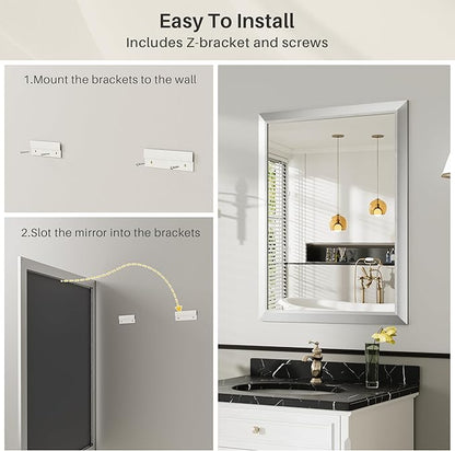22x30 Inch Silver Bathroom Mirror for Wall, Thick Metal Framed Rectangle Mirrors for Over Sink, Bedroom, Living Room, Entryway, Anti-Rust, HD Tempered Glass