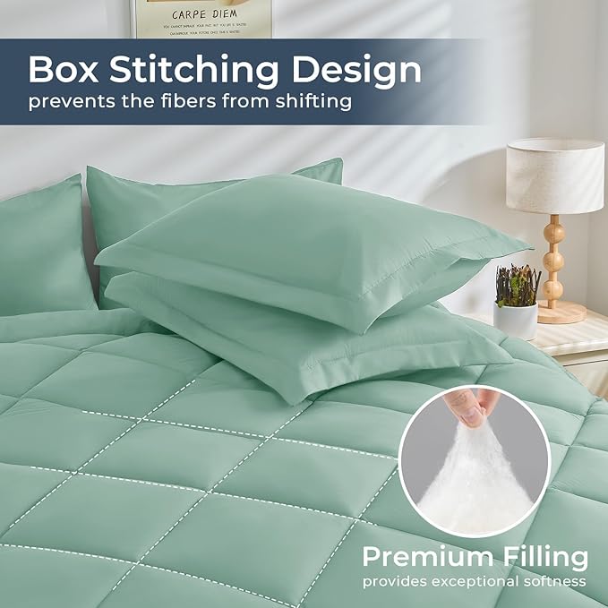 HEVUMYI Sage Green Twin-XL Comforter Set - 5-Piece All Season Bed in a Bag Twin-XL, Ultra Soft Bedding Set with Comforter, Flat Sheet, Fitted Sheet, Pillowcases, Pillow Shams, Sage Green