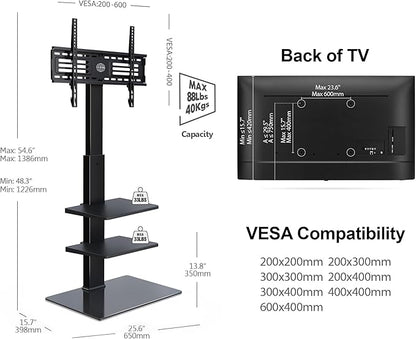 FITUEYES Swivel Floor TV Stand with Mount for TVs 37 43 50 55 60 65 70 75 Inch LCD LED Flat/Curved Screens Universal Swivel Televisions TV Mount Stand for Bedroom Living Room Black Tempered Glass Base