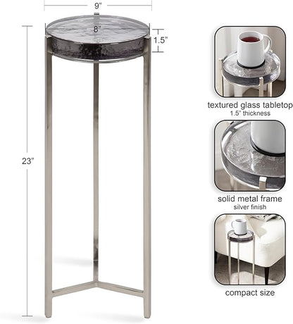 Kate and Laurel Aguilar Modern Drink Table, 9 x 9 x 23, Silver with Tinted Glass, Detailed Glass Accent Table for Small Spaces
