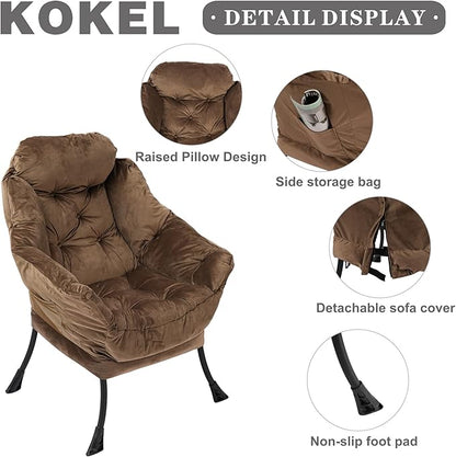 Lazy Chair with Folding Ottoman,Living Room Chairs, Accent Contemporary Lounge Chair, Single Steel Frame Leisure Sofa Chair with Armrests and A Side Pocket (Brown)