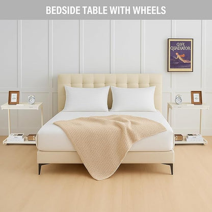 CozyDH Adjustable C Shaped End Table, Rolling Side Table Solid Wood TV Sofa Tray Table for Couch Arm Eating Multi-Purpose, Small Coffee Table with Wheels Living Room Bedroom, White
