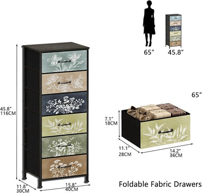 Tohomeor Vintage Dresser Vertical Nightstand with Neutral Botanical Plant Fabric Chest Drawers for Closet Bathroom Storage Tower Unit Bed Side Organizer Farmhouse Rustic (Multi, 6 Drawers)