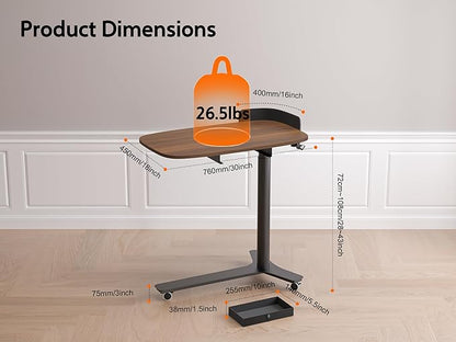 Rolling Adjustable Height Desk with Drawer and Wheels, Portable Small Standing Desk Pneumatic for Home Office, Mobile Computer Laptop Desk Cart, Medical Sofa Overbed Table, Black Walnut