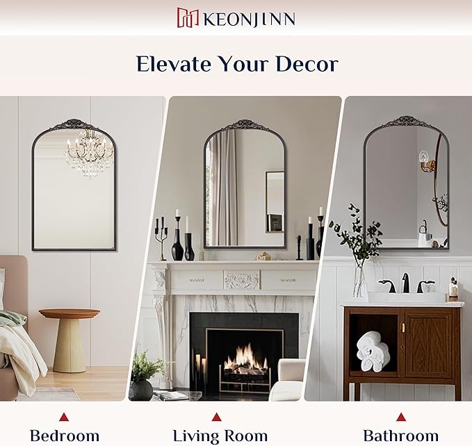 Keonjinn Antique Arch Mirror 20" x 30", Black Ornate Vintage Mirror, Baroque Decorative Mirrors for Mantle, Bathroom, Living Room, Hallway, Fireplace, Flench Cleat Mounting