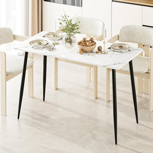 Garden 4 you Wood Dining Table for 4-6 People, Modern Rectangular Indoor Dinner Table, 47" Metal Frame Kitchen Table with Legs for Kitchen, Dining Room, Living Room, White