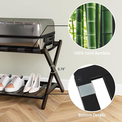 Fully Assembled Black Luggage Rack, Suitcase Stand with Shoe Shelf, Folding Wooden Luggage Stand for Guest Room, Bedroom, Hotel